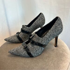 Manolo Blahnik Coupe tweed heels bootie black white patent leather buckle 41